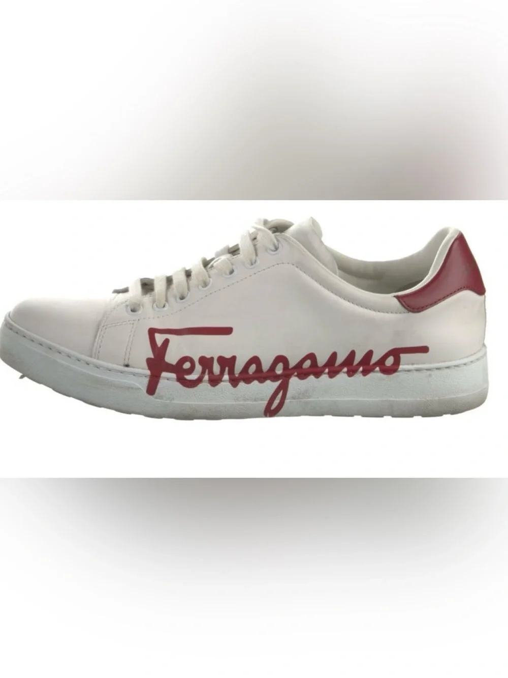 Ferragamo White Leather Sneakers with Red Script Logo